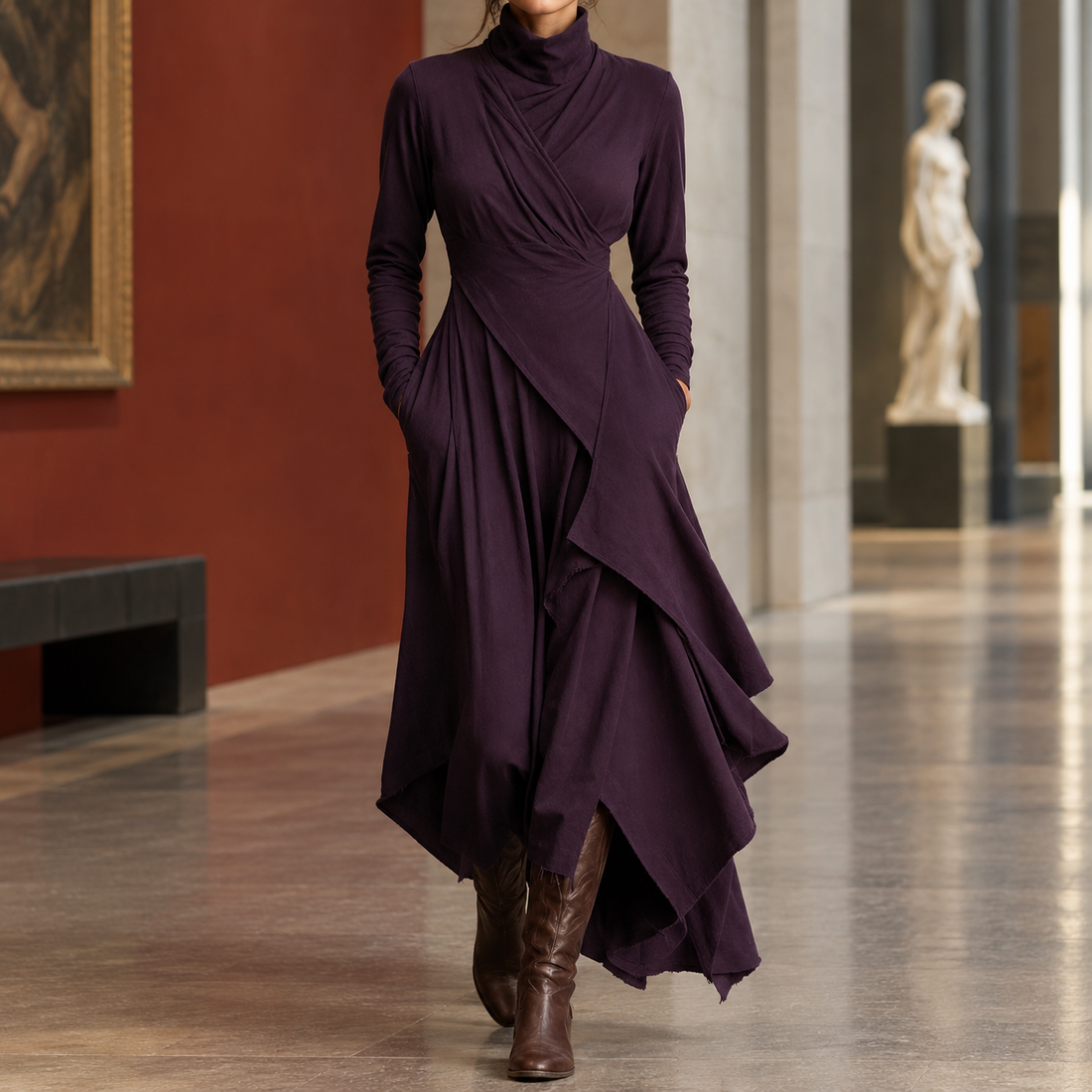 Freya-Hope Asymmetric Turtleneck Dress - Purple