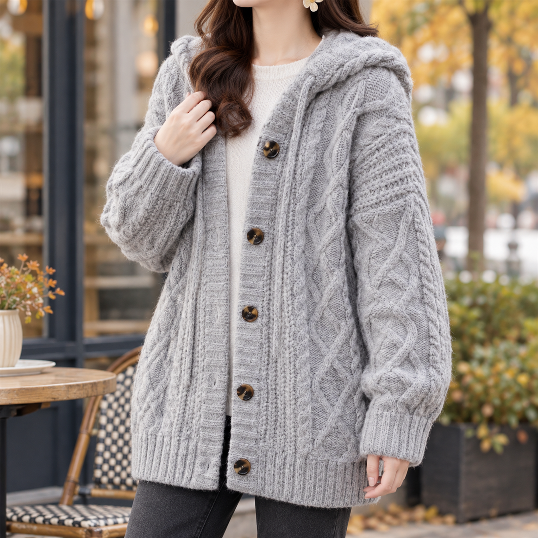 Josephine-Faye Cable Knit Cardigan - Gray