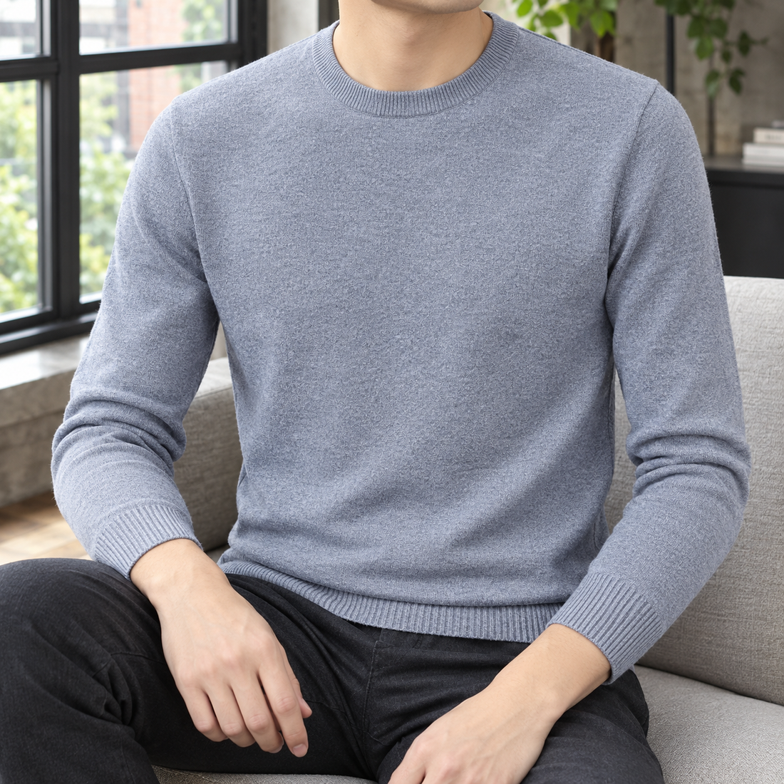 Edmund-Stone Crew Neck Sweater - Gray Blue