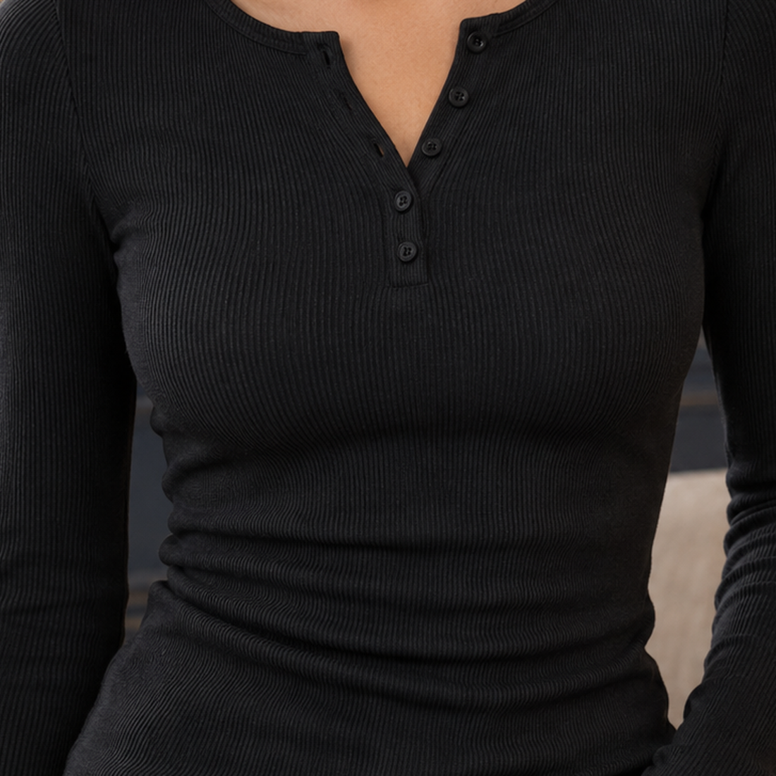 Armelle-Pearl Ribbed Henley Top - Lead Product Detail