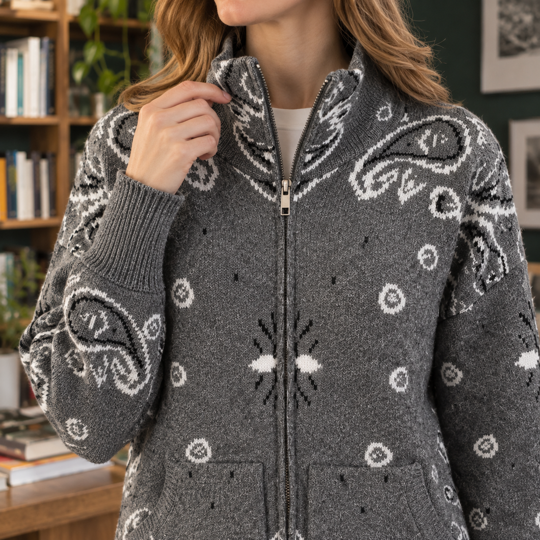 Constance Paisley Zip Sweater - Lead Product Detail