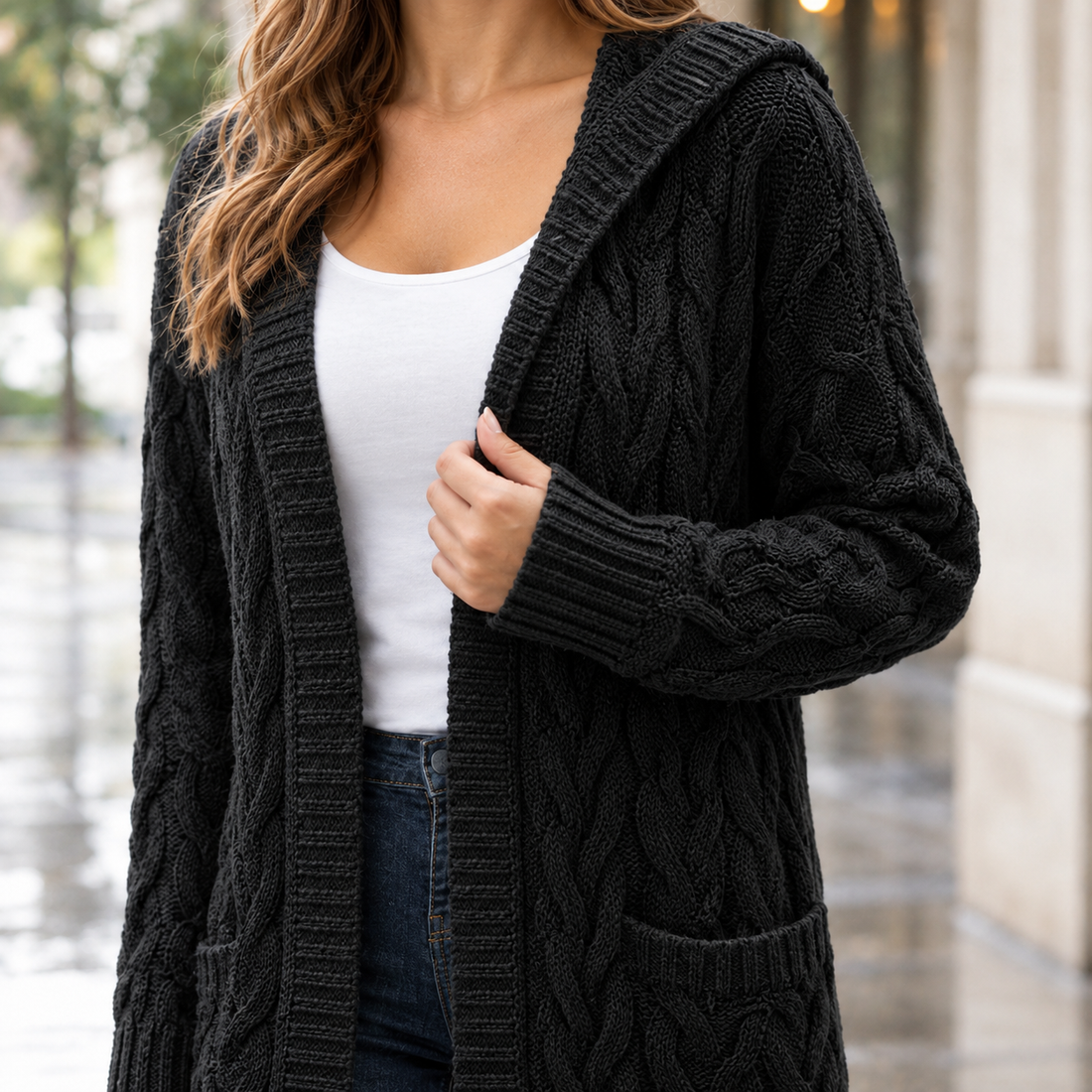 Madeline-Faye Cable Knit Cardigan - Lead Product Detail