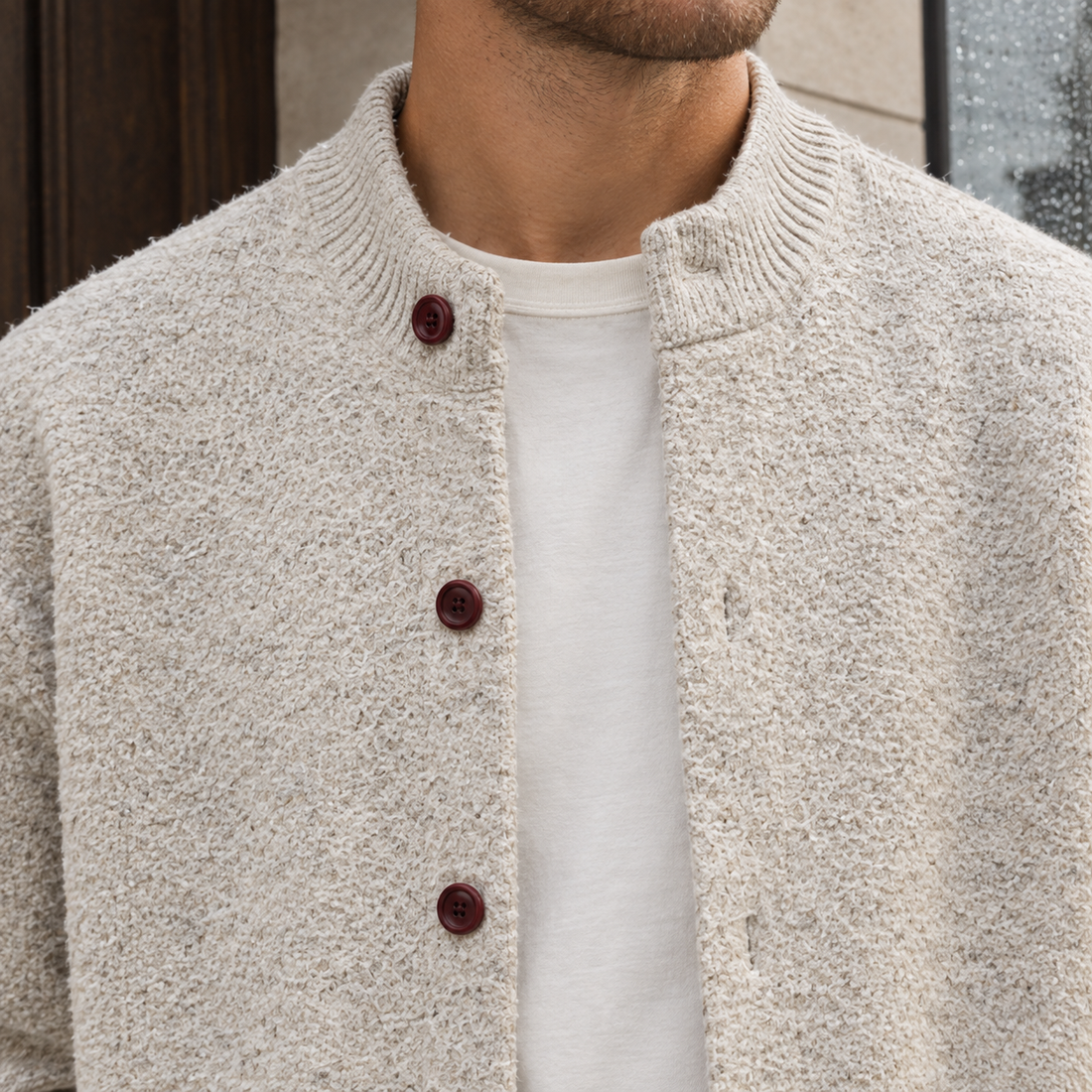 Malcolm-Grey Stand Collar Cardigan - Lead Product Detail