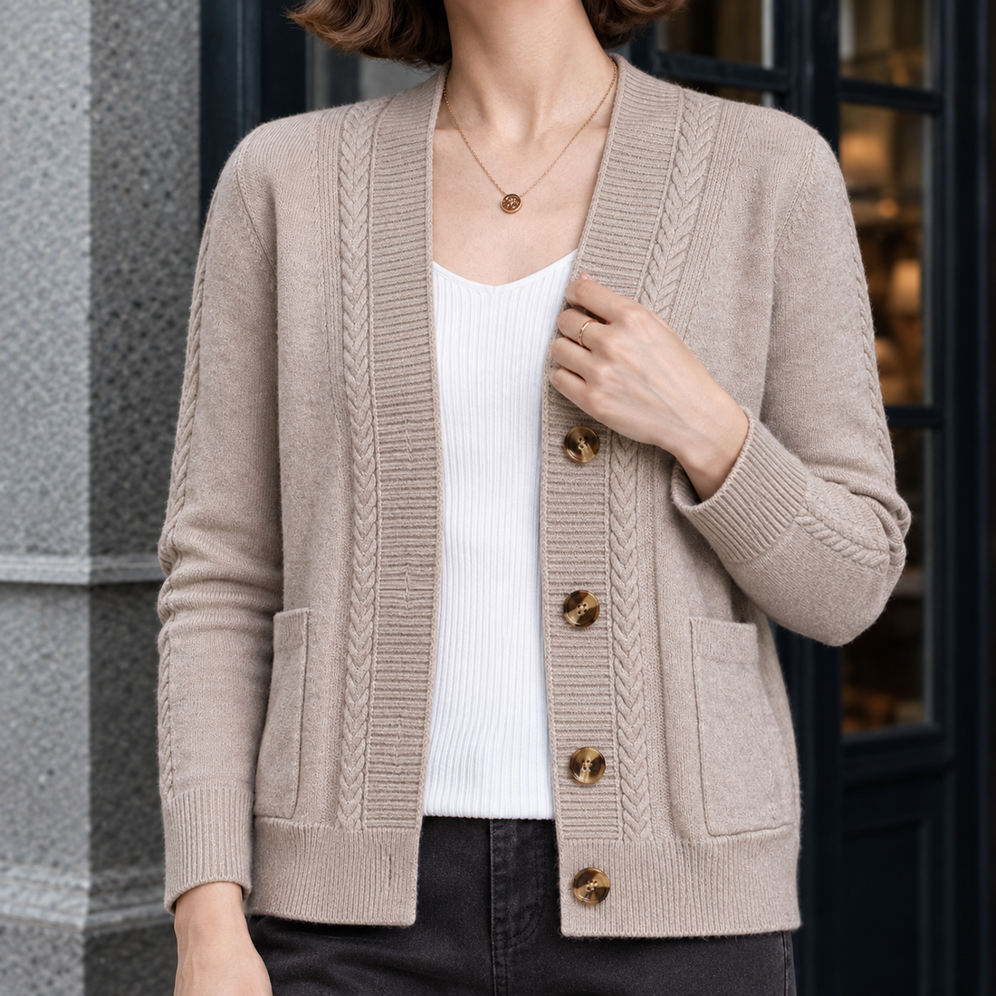 Leontine-Claire Cable Knit Cardigan - Lead Product Detail