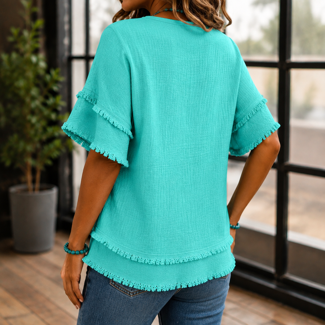 Winona-Kate Fringed V-Neck Top - Lead Alternate View