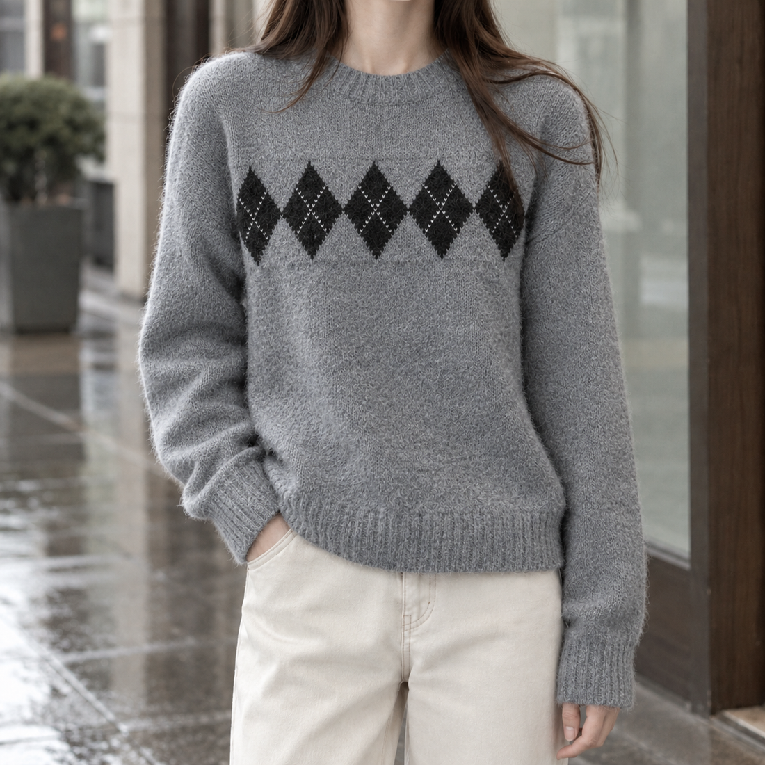Megan-Skye Argyle Sweater - Gray
