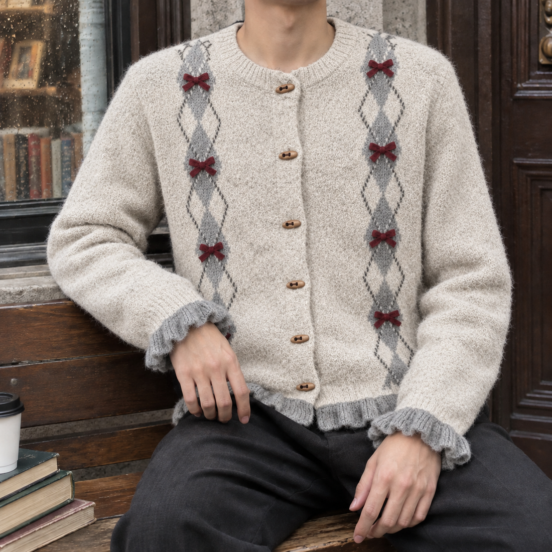 Jasper-Stone Bow Cardigan - Oatmeal