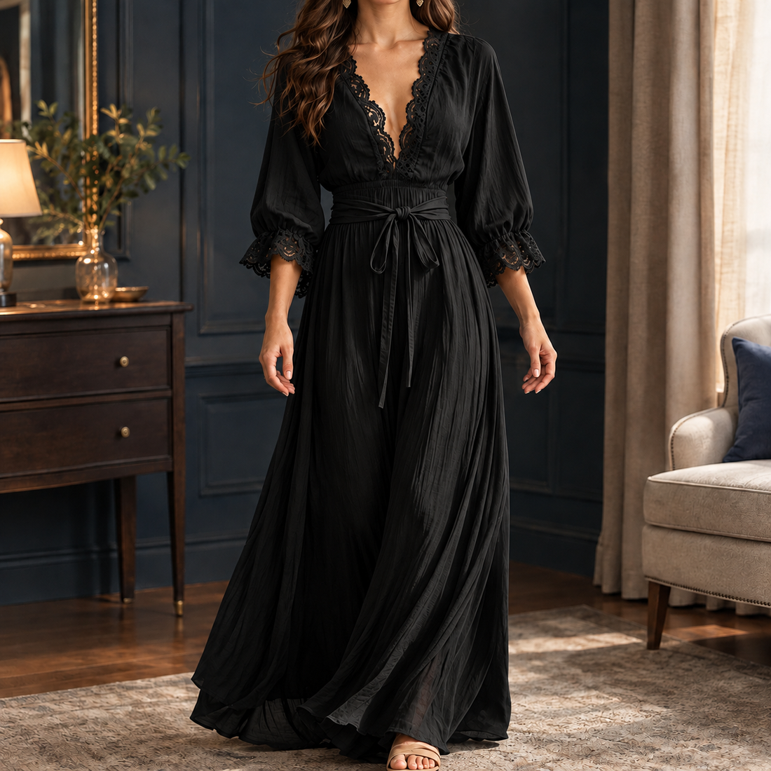 Giselle-Rose Lace Maxi Dress - Black