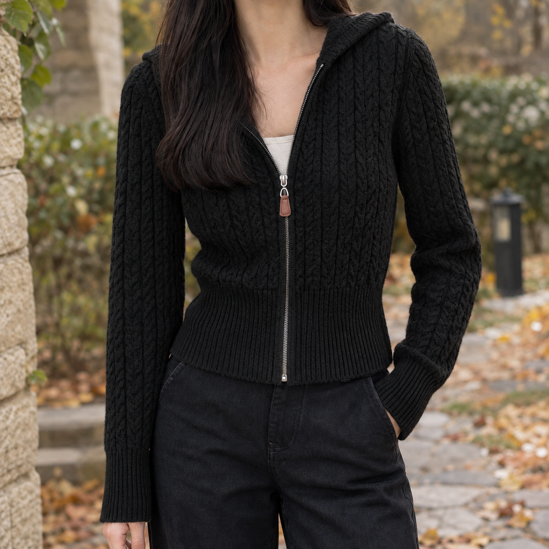 Estelle-Belle Cable Knit Cardigan - Black