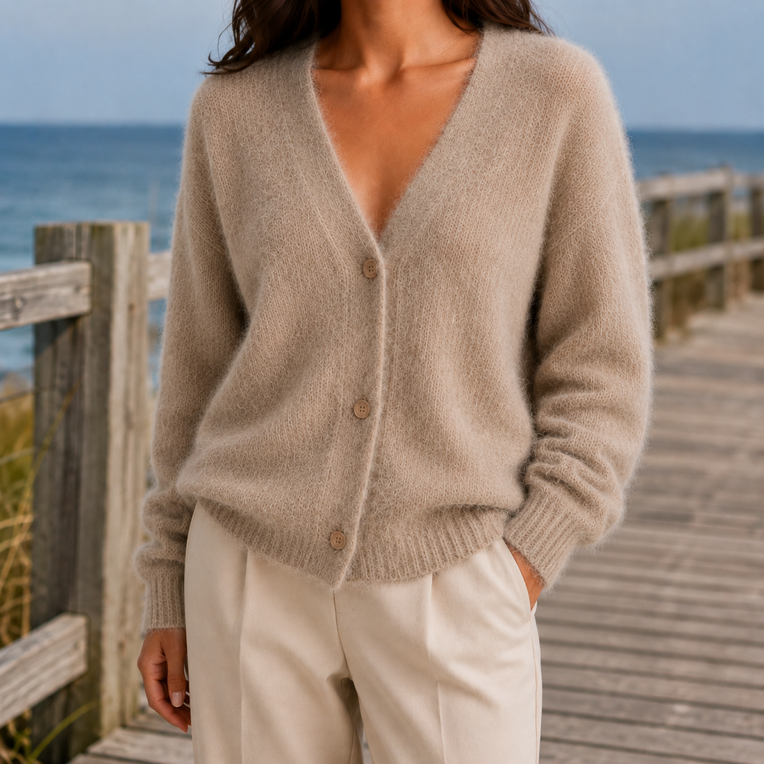 Clara-Pearl V-Neck Sweater - Khaki