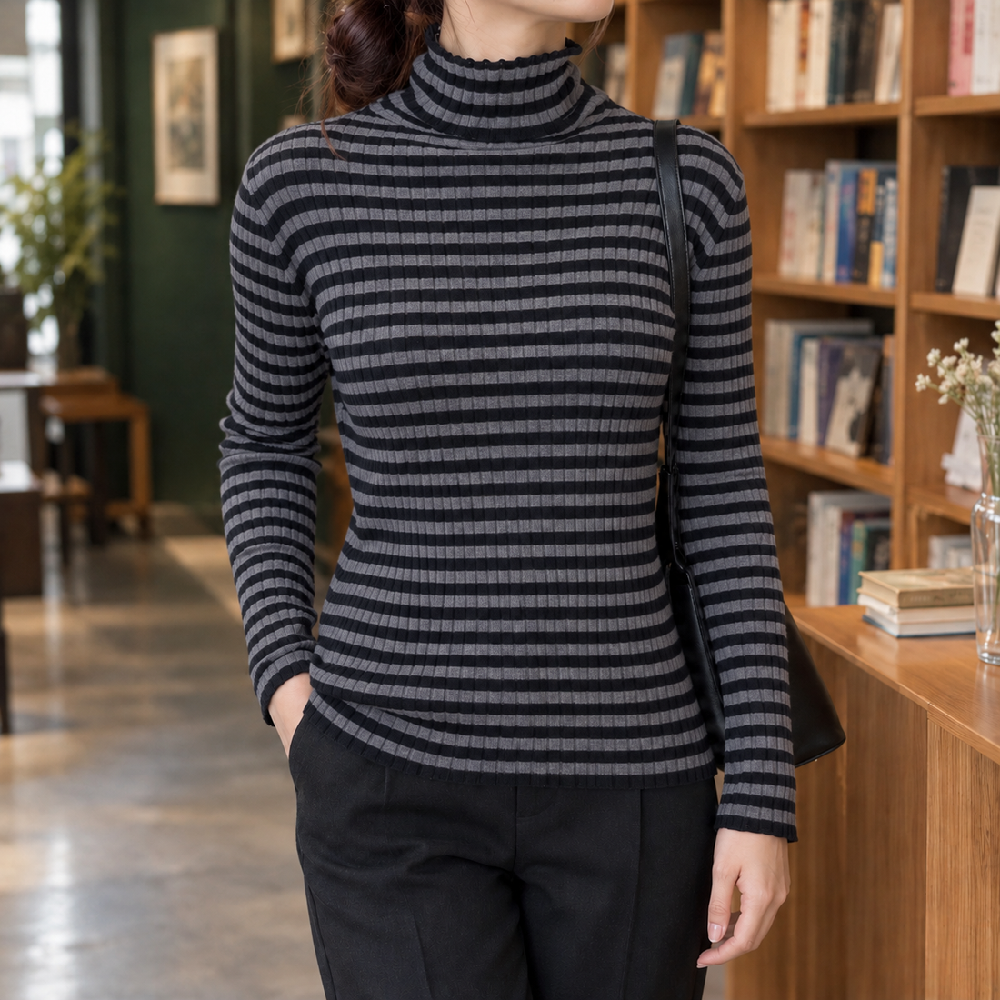 Tiffany-Eve Striped Turtleneck - Black Gray Stripes
