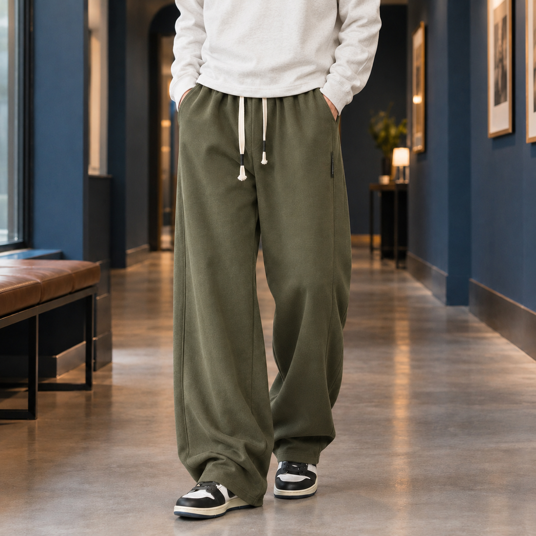 Bartholomew-Grey Wide Leg Pants - Military Green