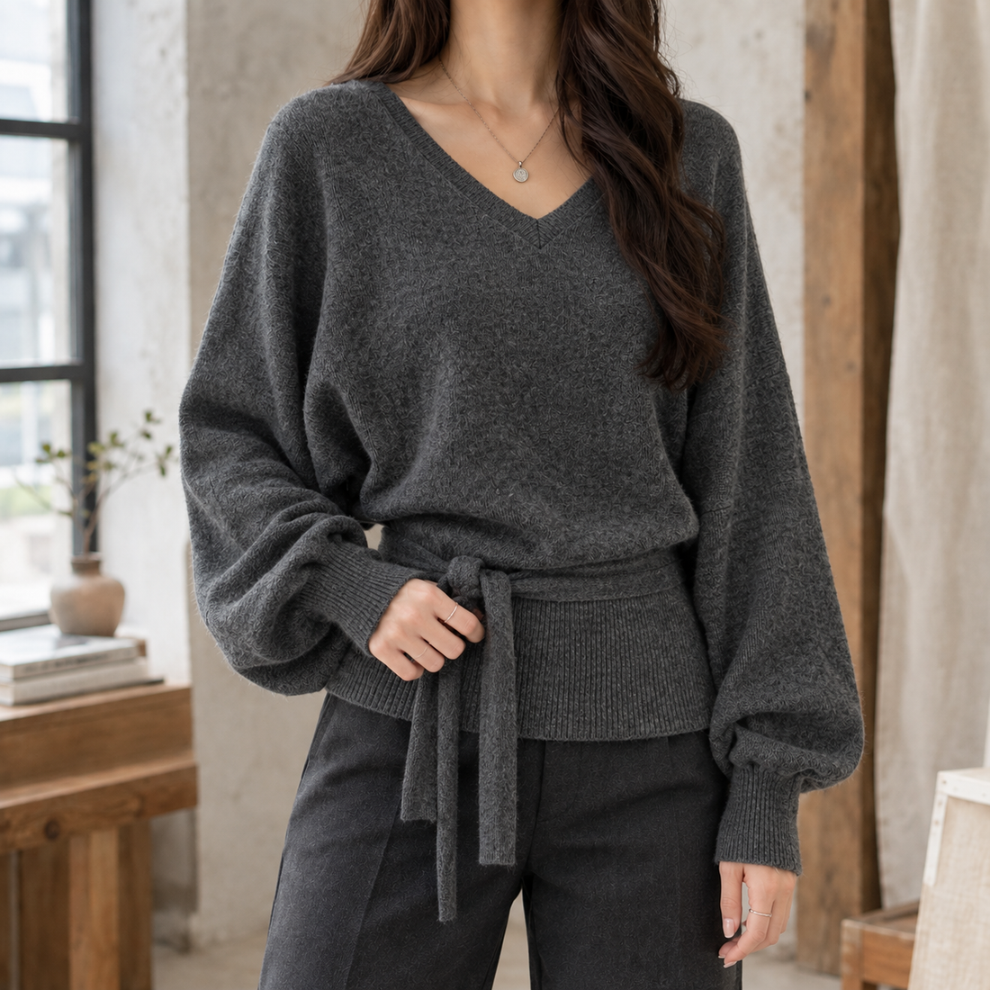 Keira-Skye V Neck Sweater - Dark Gray