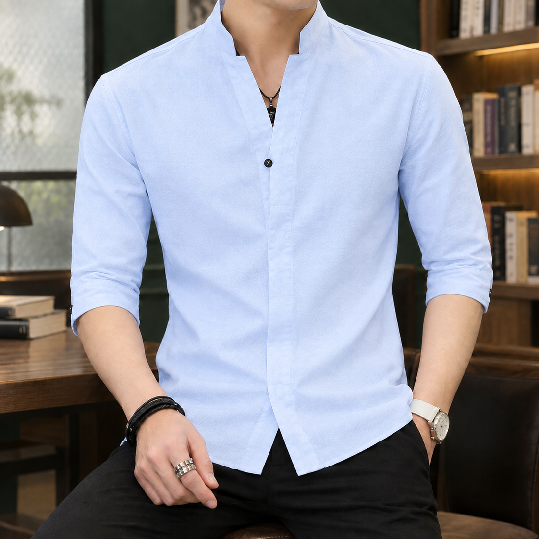 Pascal-Rhys Stand Collar Shirt - Light Blue