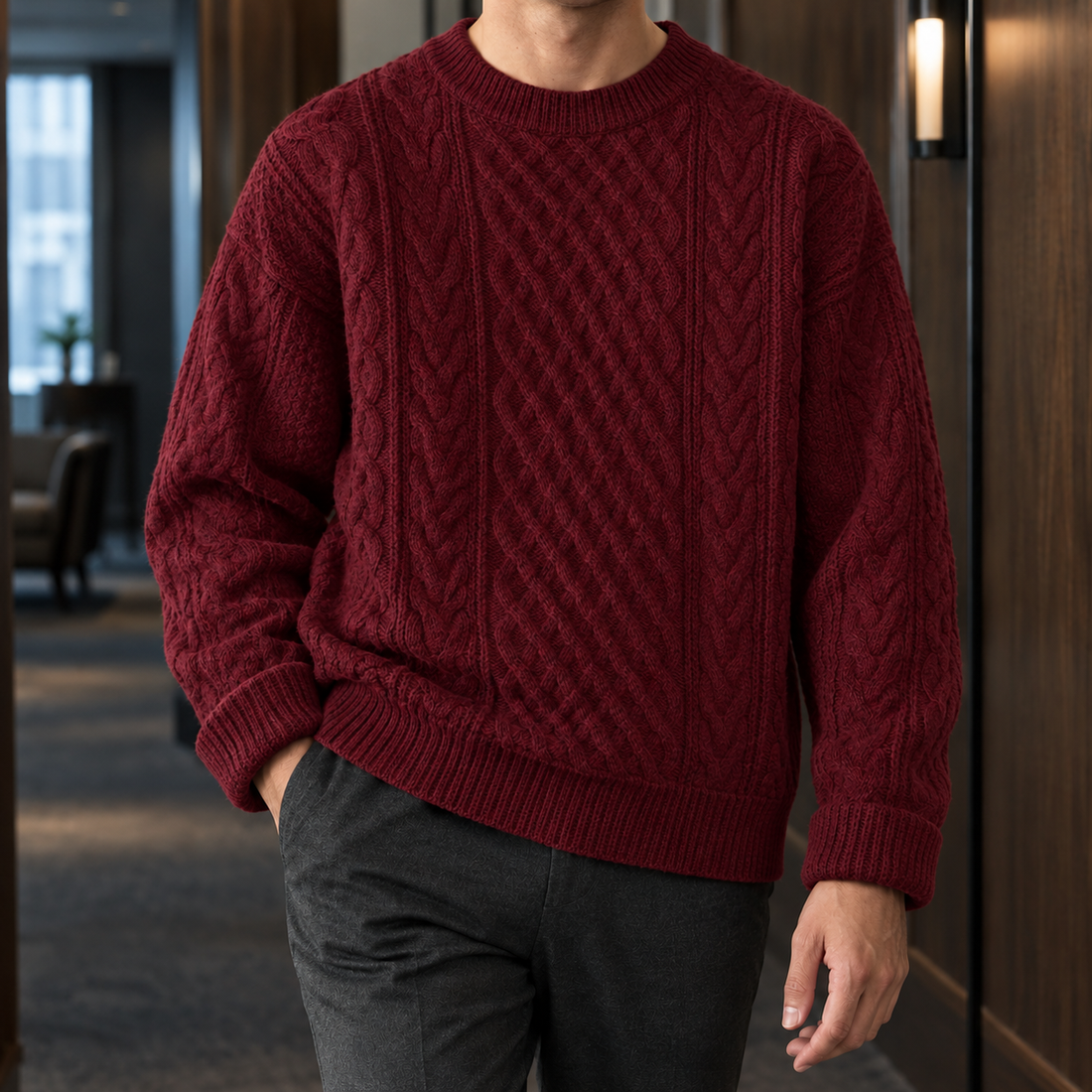 Holden-Hayes Cable Knit Sweater - Burgundy Crew Neck