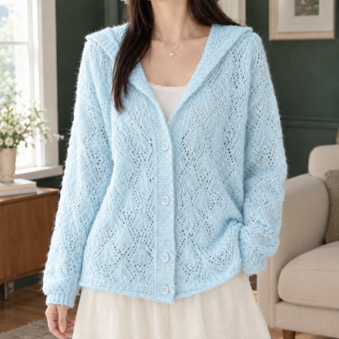 Salome-Hope Openwork Cardigan - Light Blue