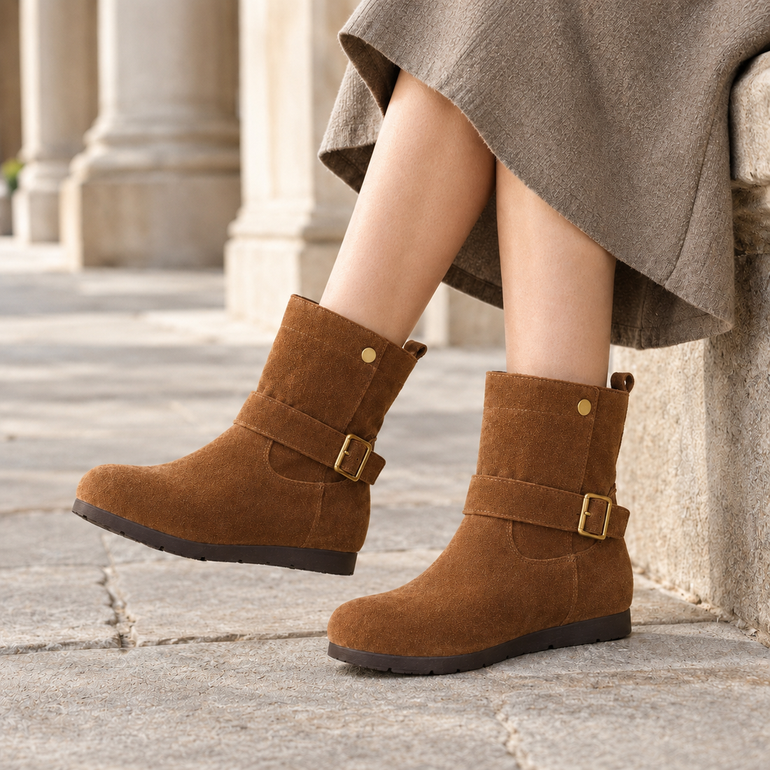 Cardini Suede Buckle Boots - Light Brown