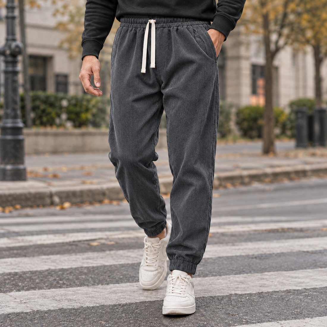 Kai-Grey Tapered Corduroy Pants - Dark Gray