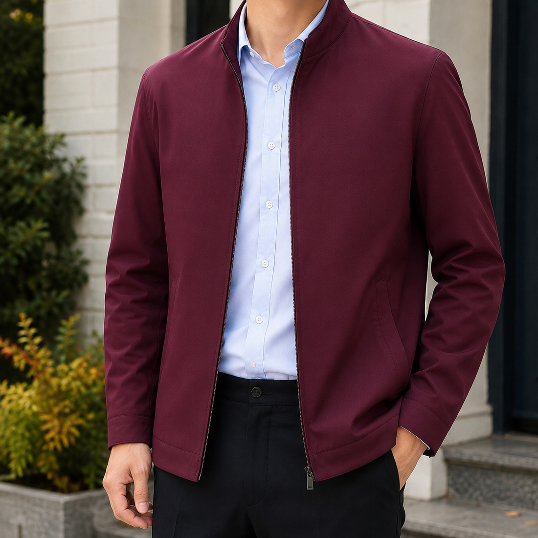 Aldous Silk Jacket - Wine Red Stand Collar