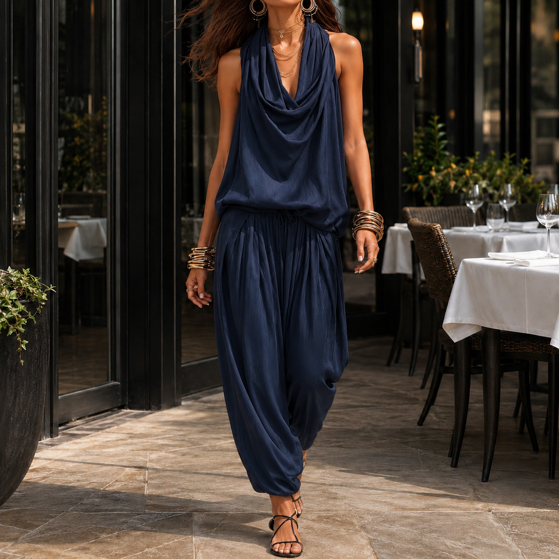 Rosalind-Jade Draped Set - Navy Blue