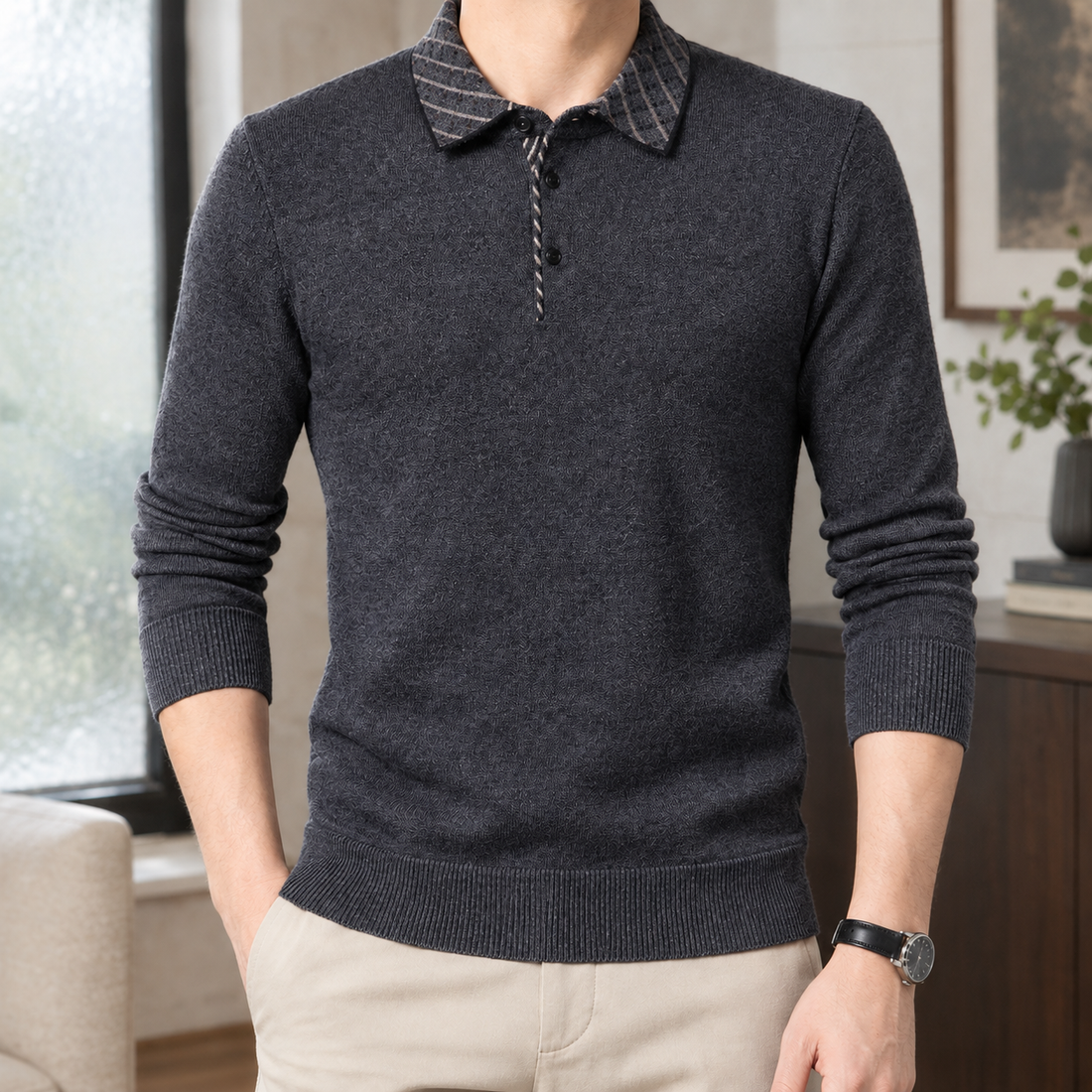 Finley Plaid Collar Sweater - Dark Gray