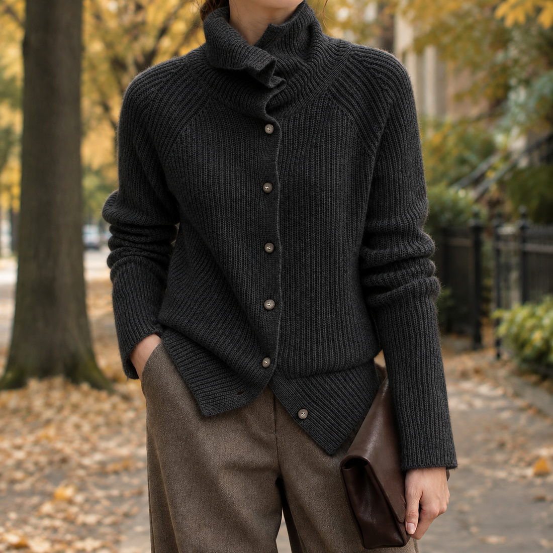 Lydia-Elise High Neck Cardigan - Black