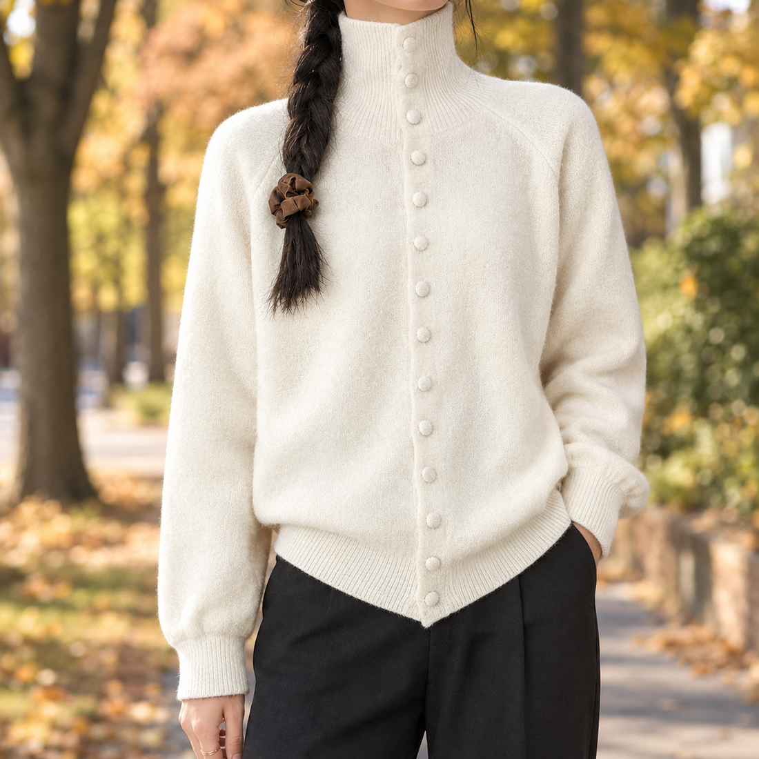 Sarah-Belle High Collar Cardigan - Off White