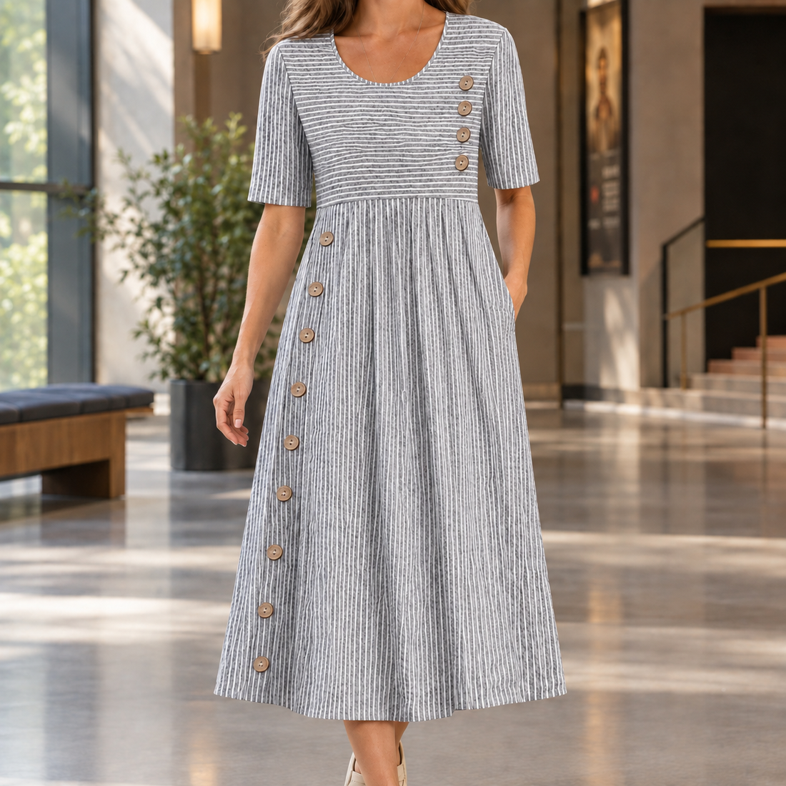 Molly-Rae Striped Midi Dress - Gray