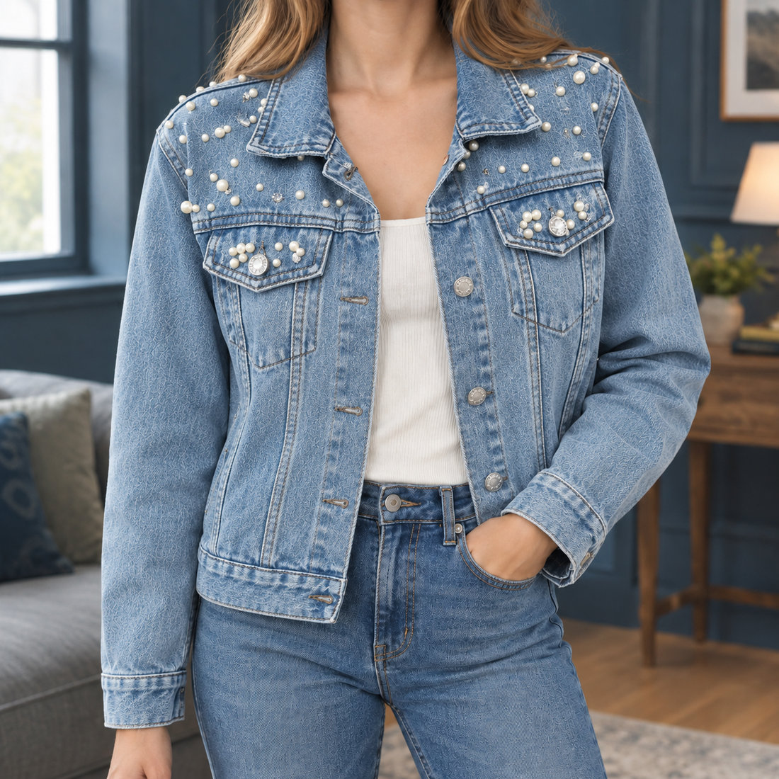 Keira Embellished Denim Jacket - Light Blue