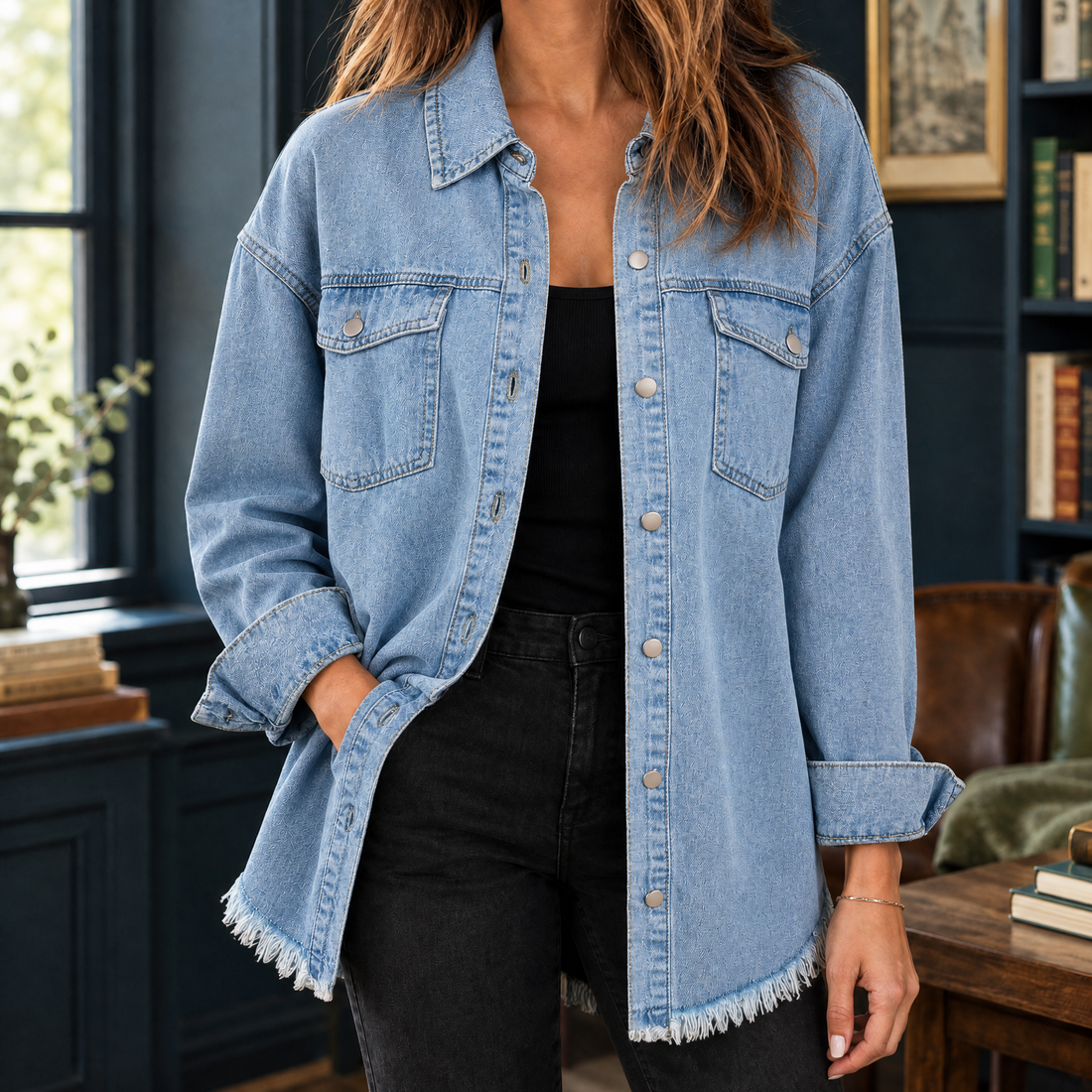 Nina-Elise Frayed Denim Overshirt - Denim Blue