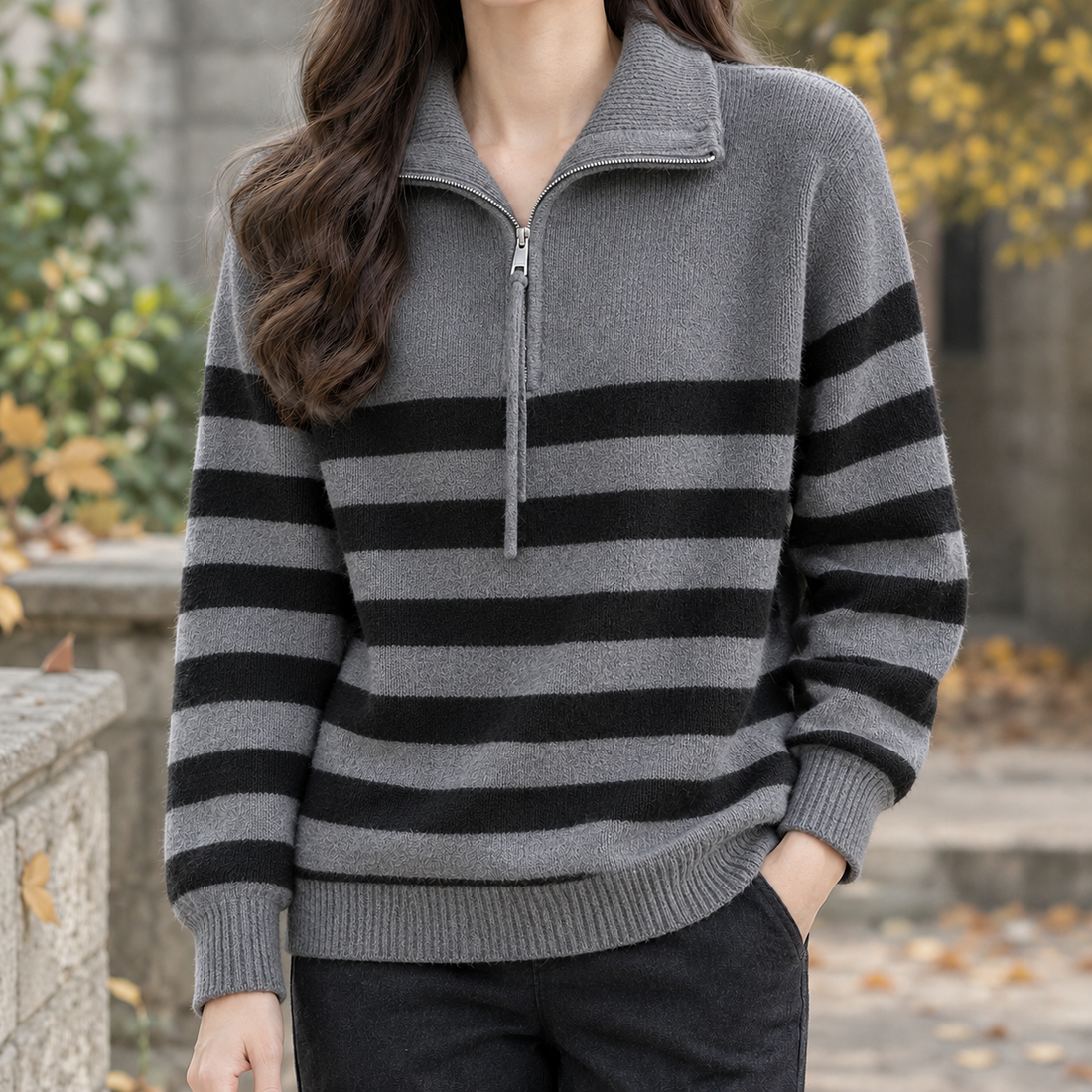 Constance-Jade Striped Zip Sweater - Gray