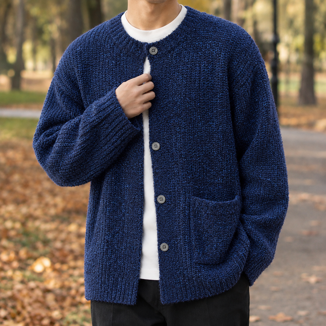 Emilio-West Textured Cardigan - Marbled Navy Blue