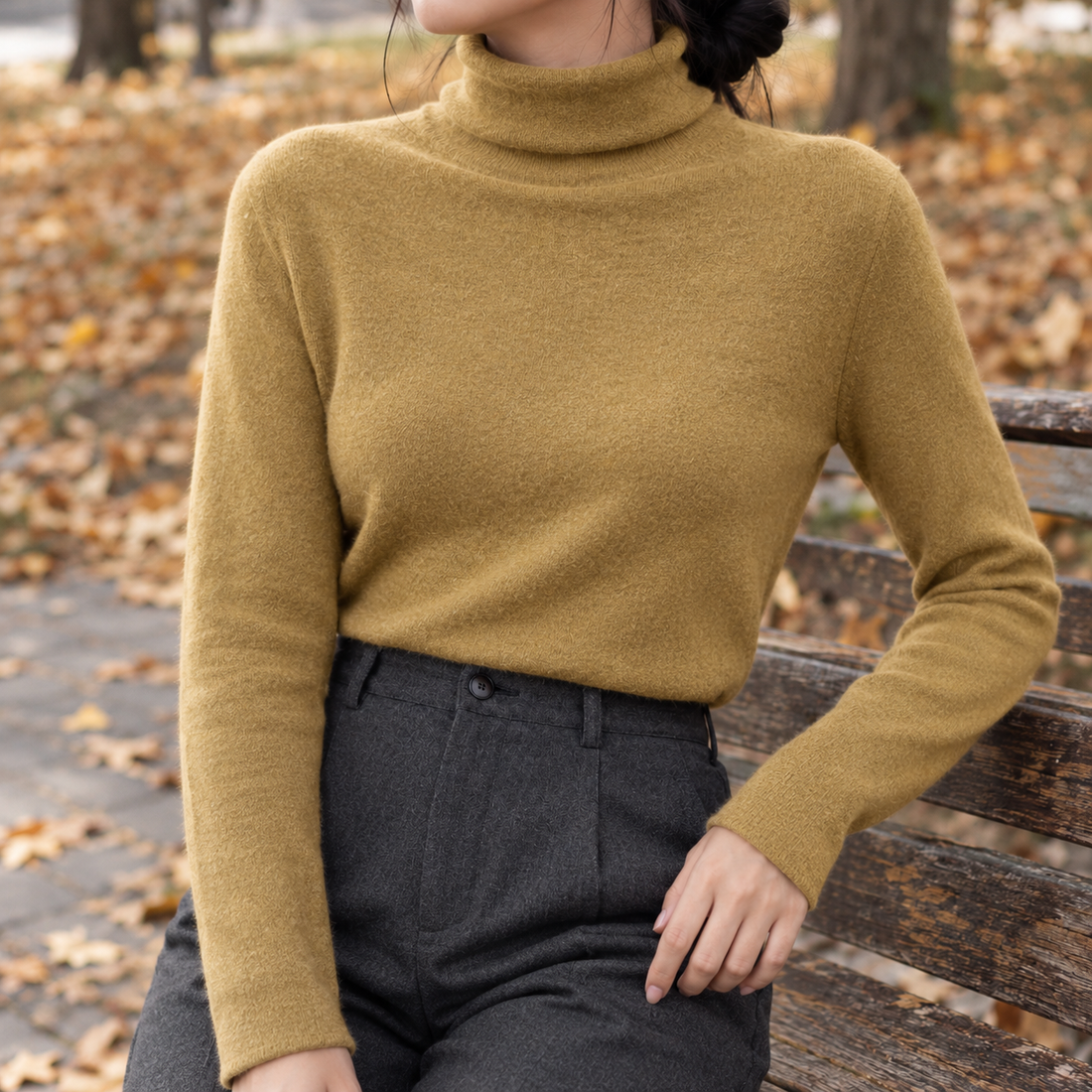 Ameline-Elise Wool Turtleneck Top - Olive Camel