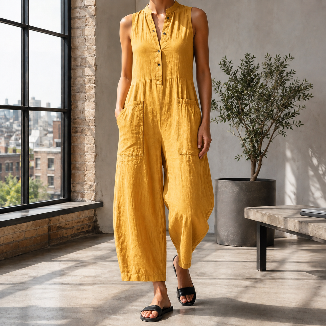 Aria-Belle Mandarin Jumpsuit - Yellow