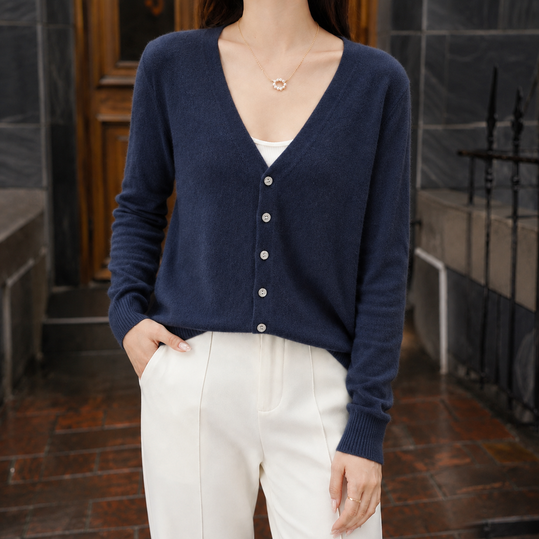 Briony V-Neck Cardigan - Navy Blue