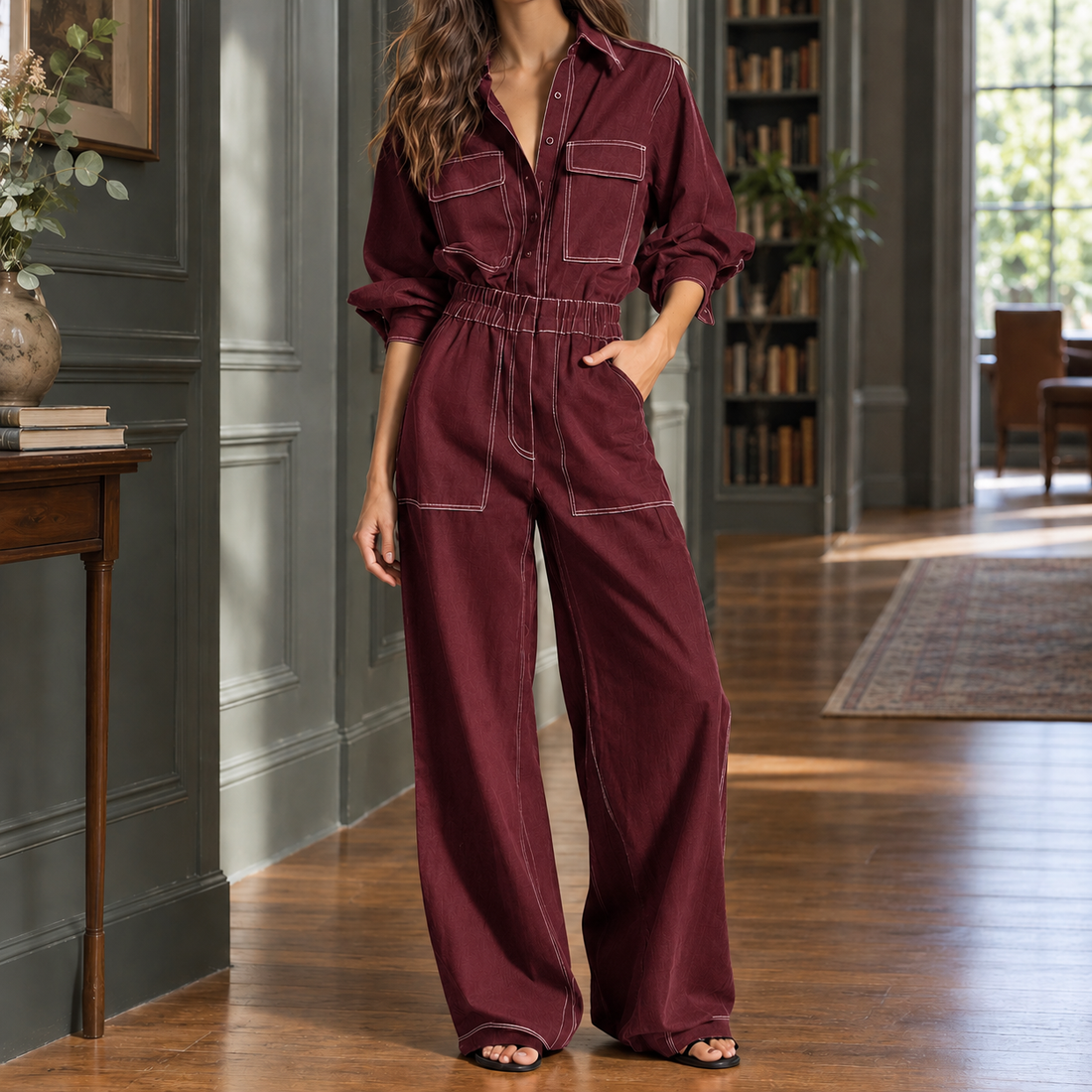 Soraya-Jade Wide Leg Jumpsuit - Wine Red