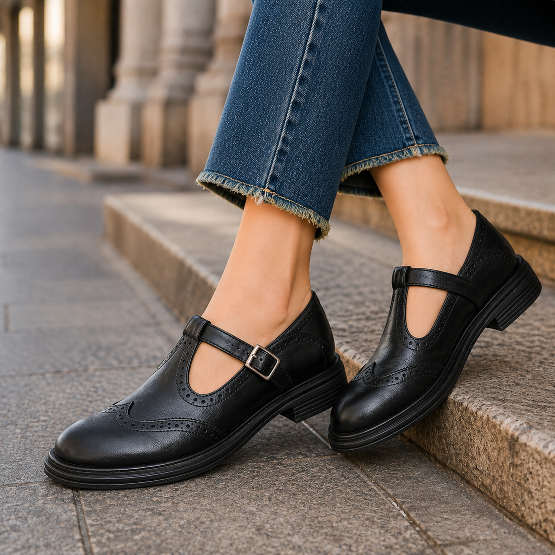 Pontano Brogue Mary Janes - Black