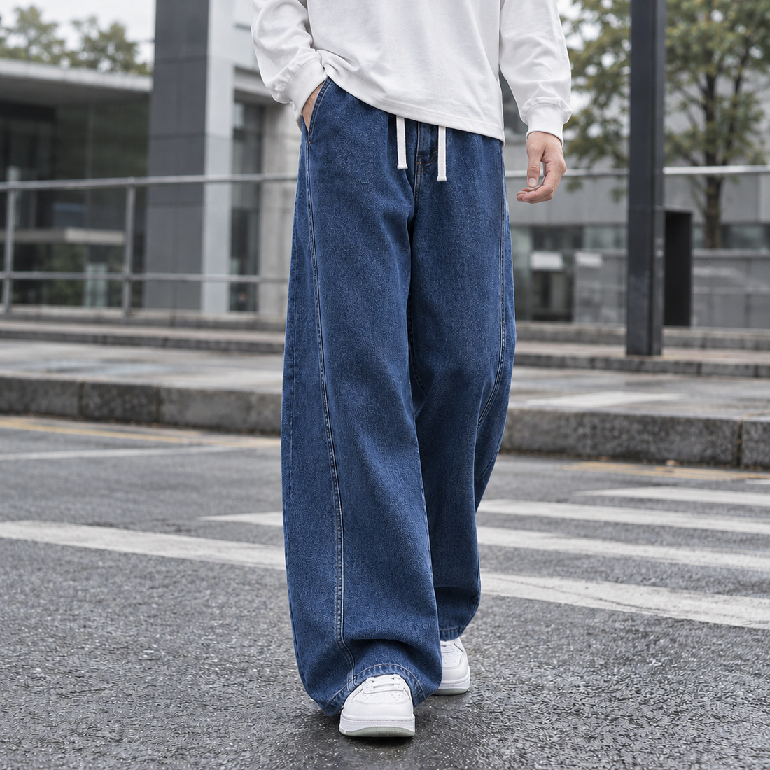 Nicodemus-Stone Relaxed Wide Leg Pants - Dark Blue