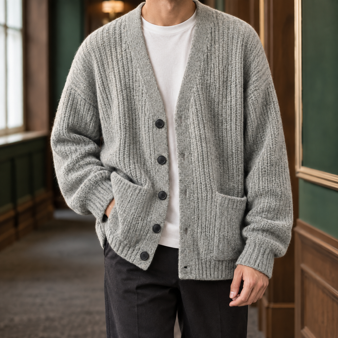 Nicodemus-Miles Ribbed Cardigan - Light Gray