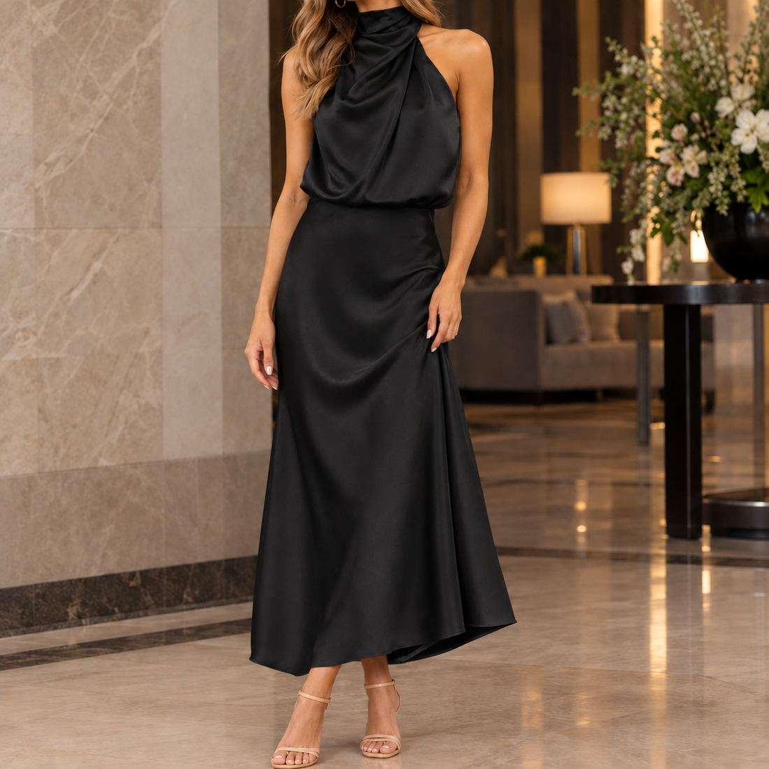 Ludovica-Marie Draped Midi Dress - Black