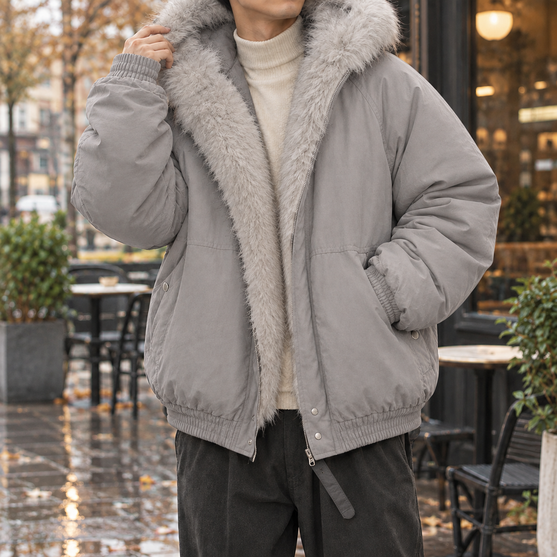 Vincent-Scott Fur Trim Jacket - Gray