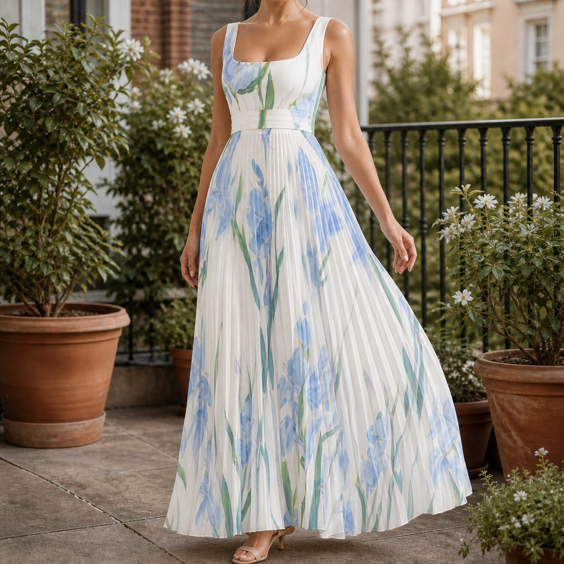 Orla-Grace Pleated Maxi Dress - White Blue