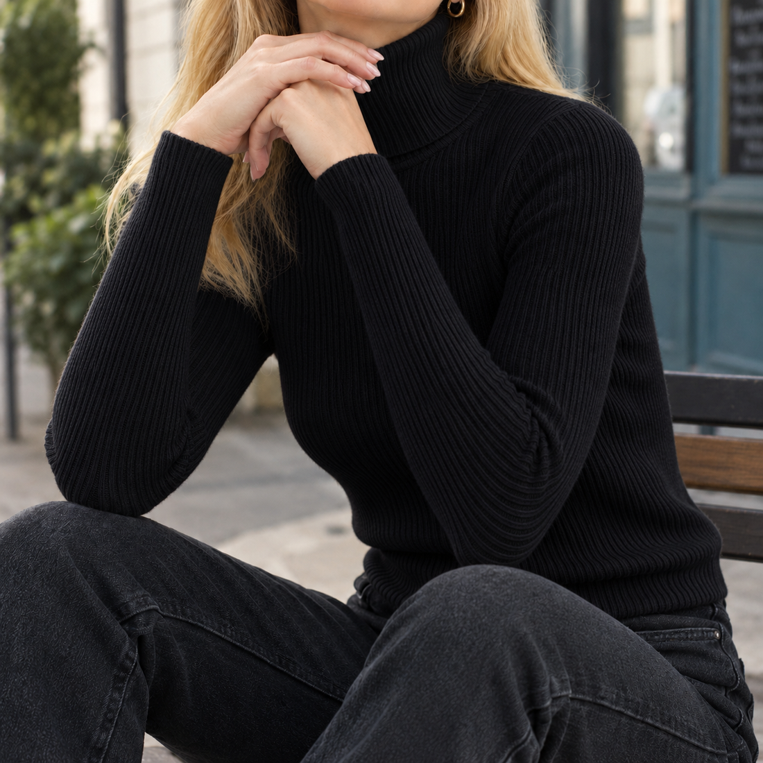 Honoria Ribbed Turtleneck Sweater - Black