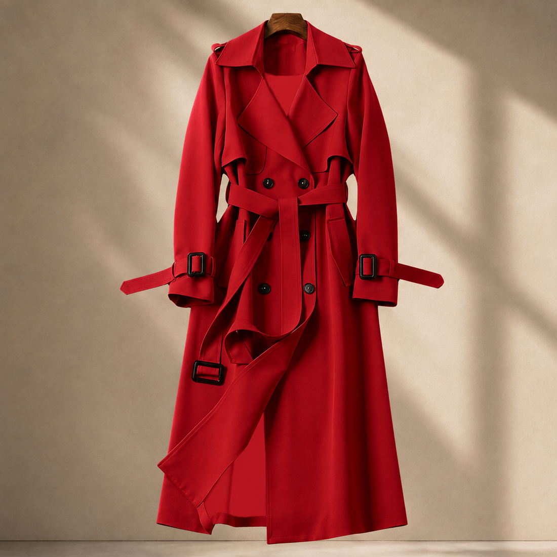 Camille-Pearl Belted Overcoat - Red