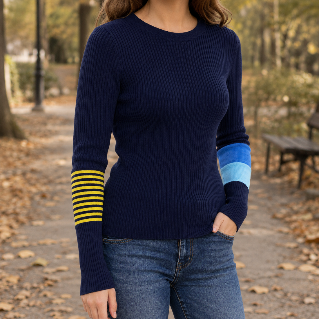 Berenice-Grace Contrast Cuff Sweater - Striped Navy Blue
