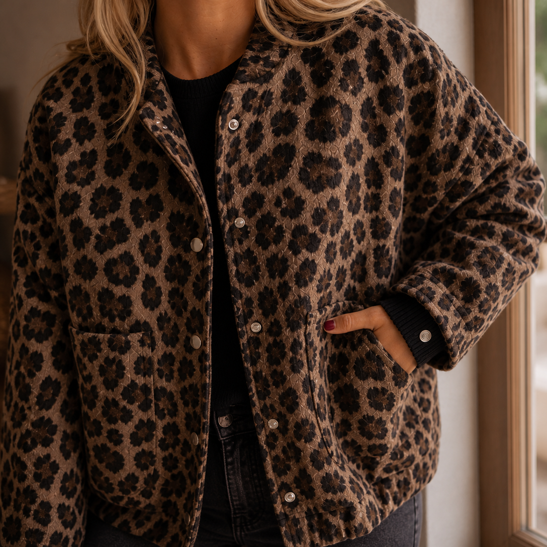 Sabina Leopard Bomber Jacket - Lead Product Detail