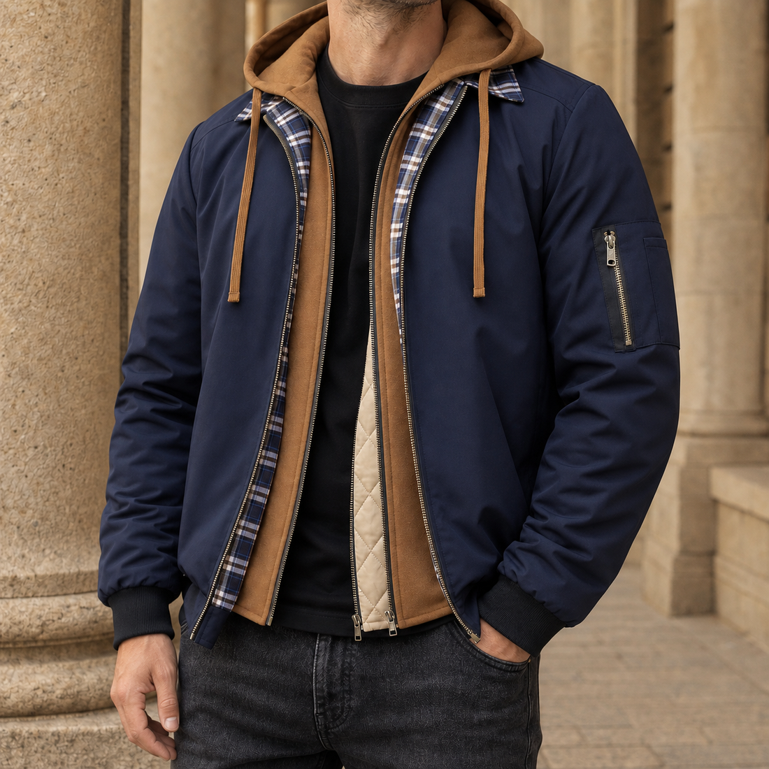 Rafferty-Wren Layered Bomber Jacket - Navy Blue