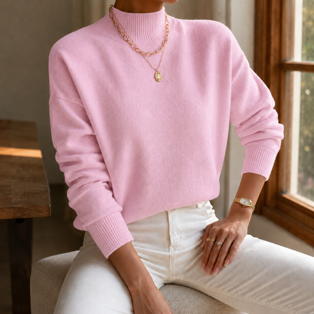 Olympia-Sage Stand Collar Sweater - Light Pink