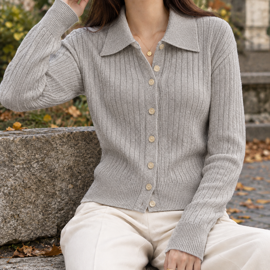 Etta-Jade Ribbed Cardigan - Gray