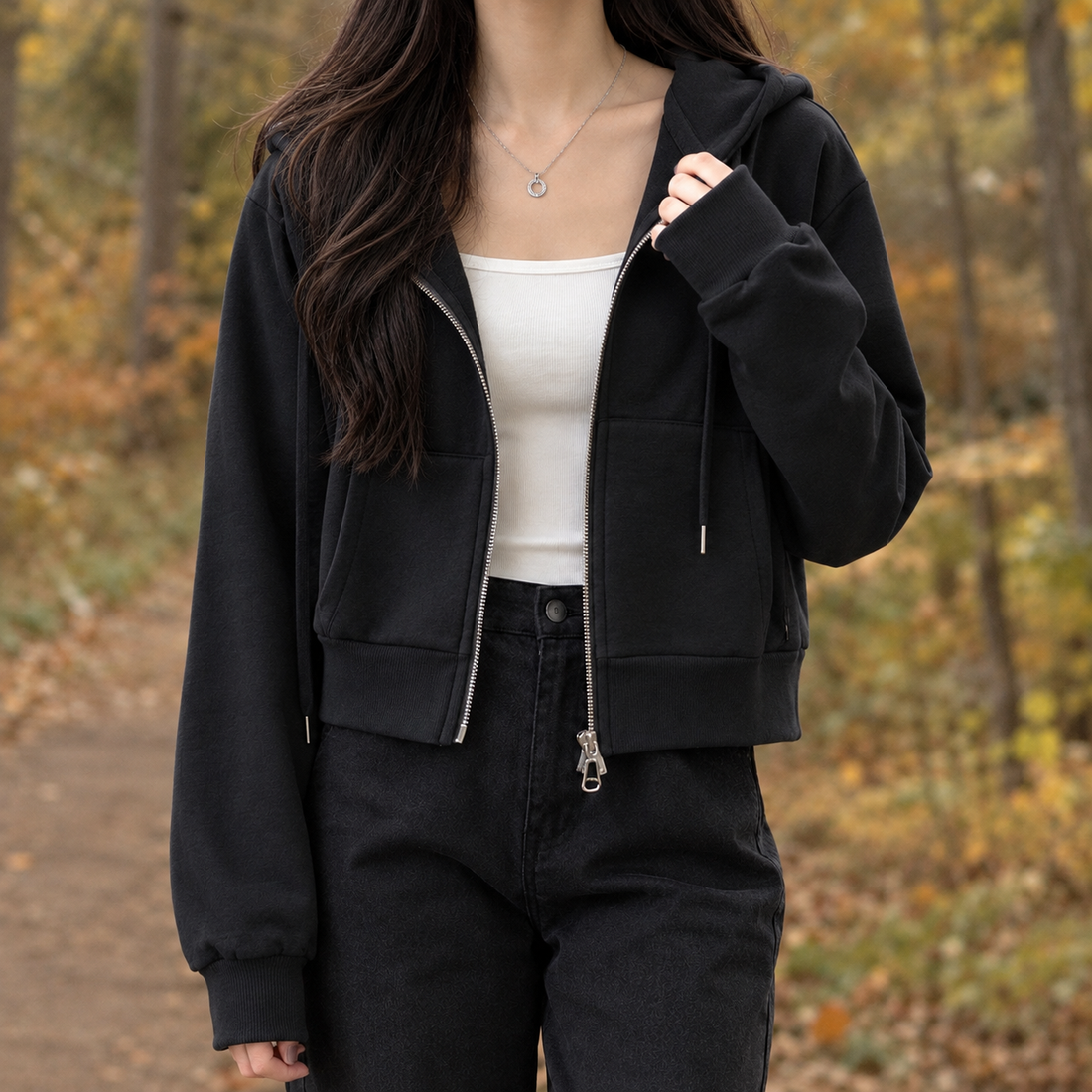 Cleo-Rose Zip Hooded Sweater - Black